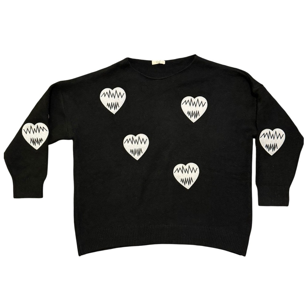 Easel Los Angeles Black Heart Print Knit Sweater Pullover‎ Size Medium